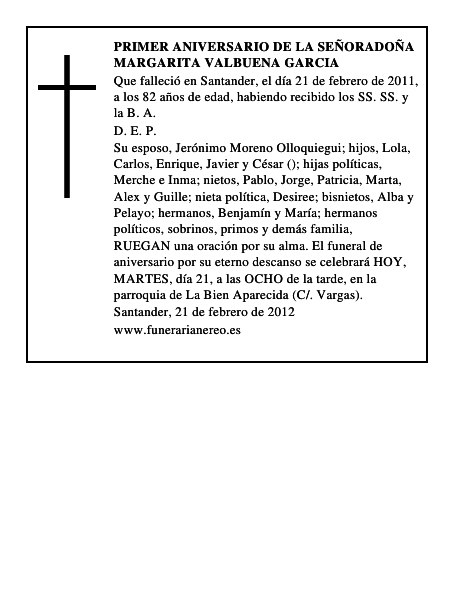 PRIMER ANIVERSARIO DE LA SEÑORADOÑA MARGARITA VALBUENA GARCIA