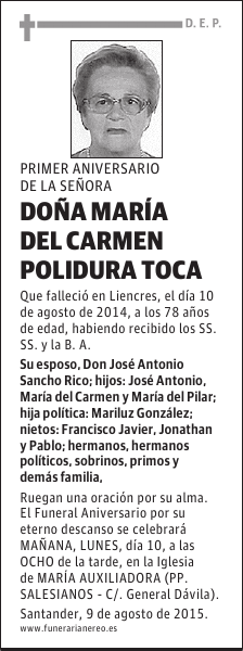 DOÑA MARIA DEL CARMEN POLIDURA TOCA