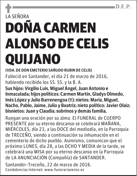 DOÑA CARMEN ALONSO DE CELIS QUIJANO