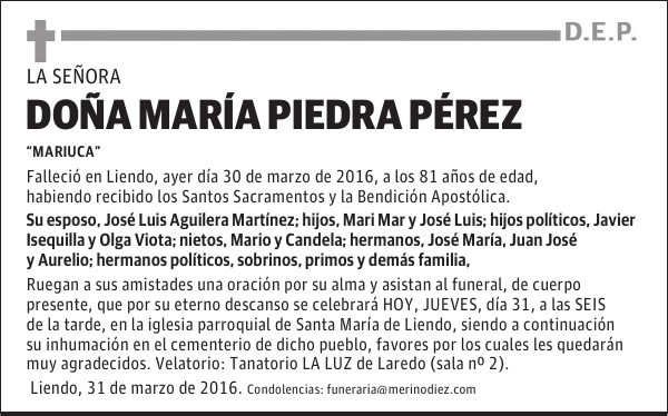 Dña. MARÍA PIEDRA PÉREZ