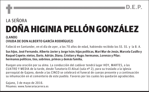 DOÑA HIGINIA PELLÓN GONZÁLEZ