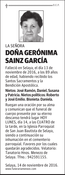 DOÑA GERÓNIMA SAINZ GARCÍA