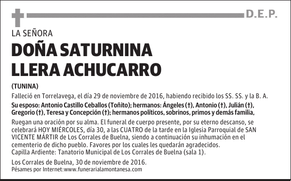 DOÑA SATURNINA LLERA ACHUCARRO