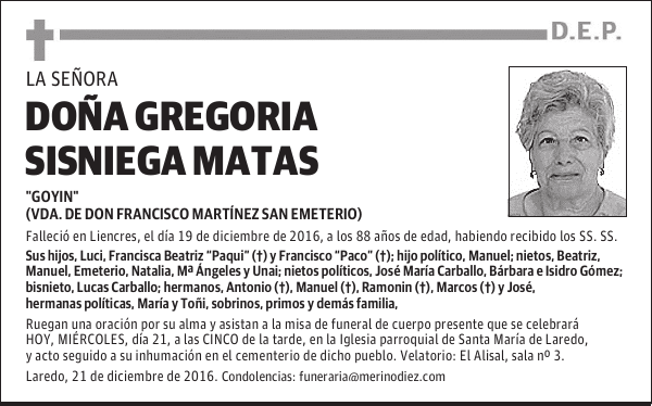 Dª Gregoria Sisniega Matas
