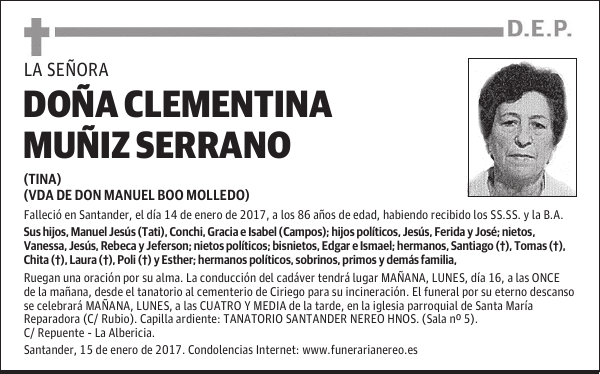 DOÑA CLEMENTINA MUÑIZ SERRANO