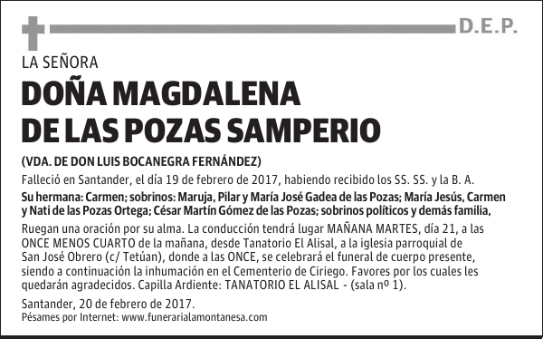 DOÑA MAGDALENA DE LAS POZAS SAMPERIO