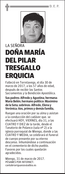 DOÑA Mª DEL PILAR TRESGALLO ERQUICIA