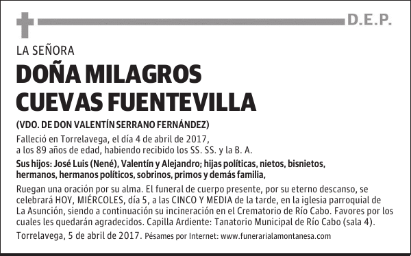 DOÑA MILAGROS CUEVAS FUENTEVILLA