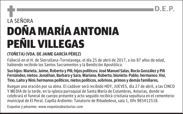 DOÑA MARÍA ANTONIA PEÑIL VILLEGAS