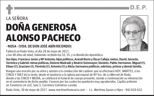Dª GENEROSA ALONSO PACHECO