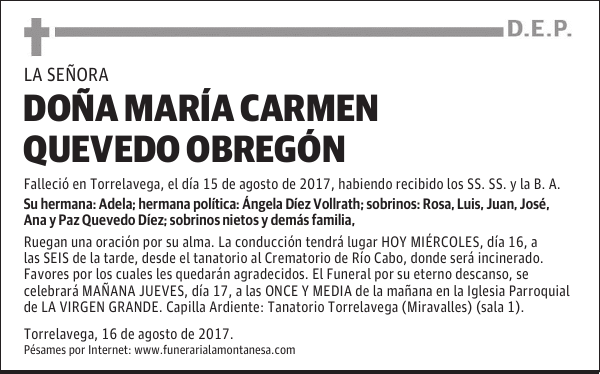 DOÑA MARÍA CARMEN QUEVEDO OBREGÓN