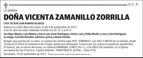 DOÑA VICENTA ZAMANILLO ZORRILLA