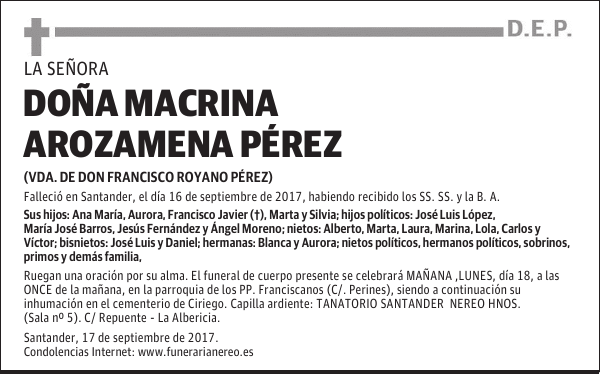 DOÑA MACRINA AROZAMENA PÉREZ