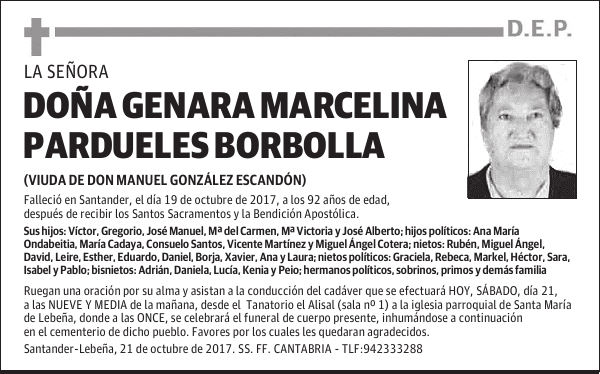 DOÑA GENARA MARCELINA PARDUELES BORBOLLA