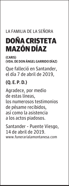 DOÑA CRISTETA MAZÓN DÍAZ