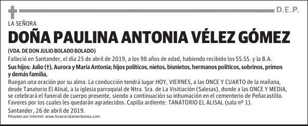 DOÑA PAULINA ANTONIA VÉLEZ GÓMEZ