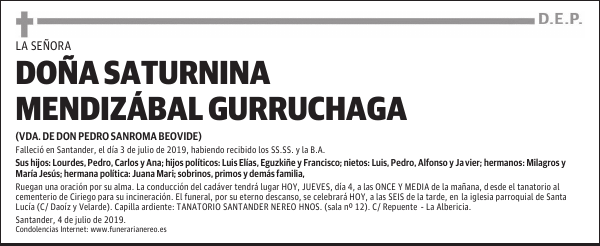 DOÑA SATURNINA MENDIZÁBAL GURRUCHAGA