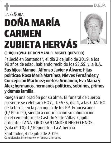 DOÑA MARÍA CARMEN ZUBIETA HERVÁS