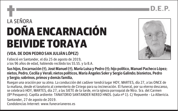 DOÑA ENCARNACIÓN BEIVIDE TORAYA