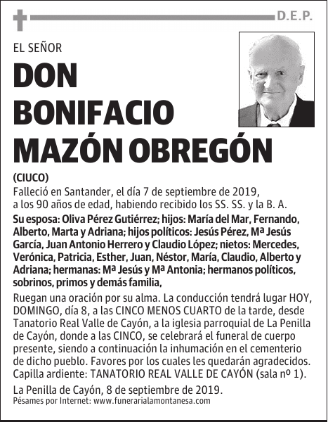 DON BONIFACIO MAZÓN OBREGÓN
