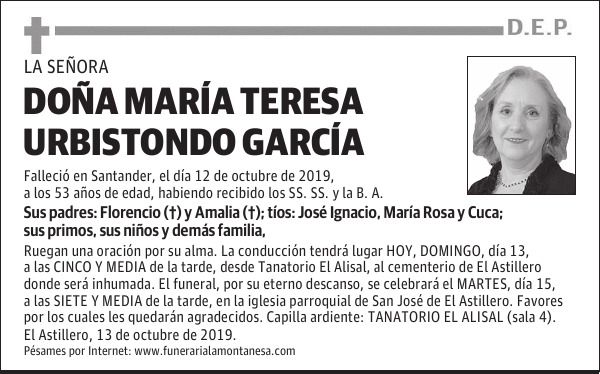 DOÑA MARÍA TERESA URBISTONDO GARCÍA