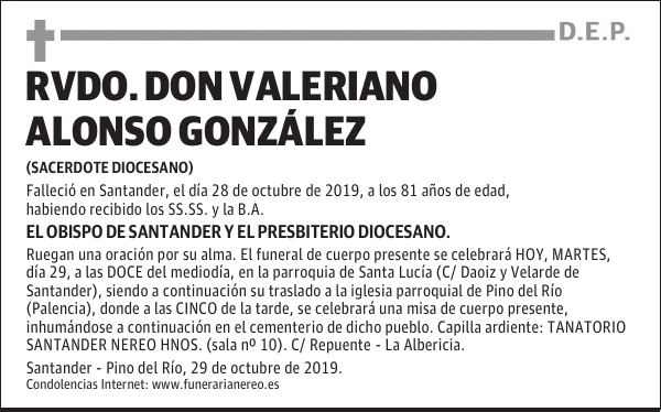 RVDO. DON VALERIANO ALONSO GONZÁLEZ