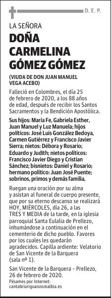 DOÑA CARMELINA GÓMEZ GÓMEZ