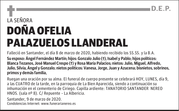 DOÑA OFELIA PALAZUELOS LLANDERAL