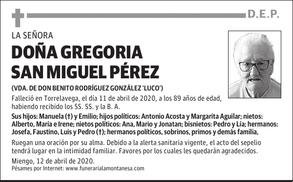 DOÑA GREGORIA SAN MIGUEL PÉREZ