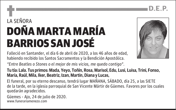 DOÑA MARTA MARÍA BARRIOS SAN JOSÉ