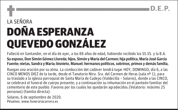 DOÑA ESPERANZA QUEVEDO GONZÁLEZ