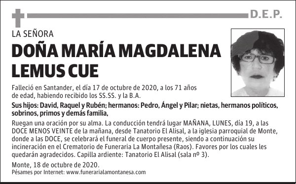DOÑA MARÍA MAGDALENA LEMUS CUE