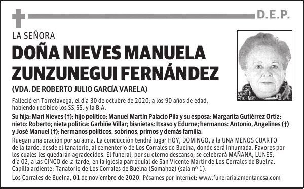 DOÑA NIEVES MANUELA ZUNZUNEGUI FERNÁNDEZ