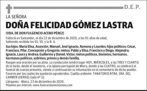 DOÑA FELICIDAD GÓMEZ LASTRA