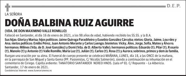 DOÑA BALBINA RUIZ AGUIRRE