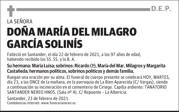 DOÑA MARÍA DEL MILAGRO GARCÍA SOLINÍS
