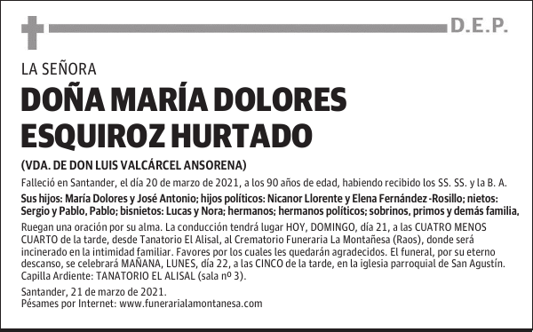 DOÑA MARÍA DOLORES ESQUIROZ HURTADO
