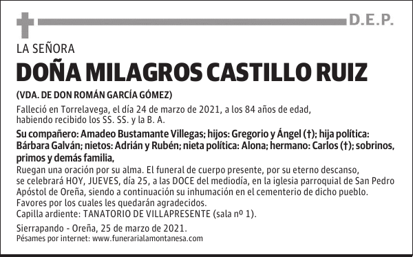 DOÑA MILAGROS CASTILLO RUIZ