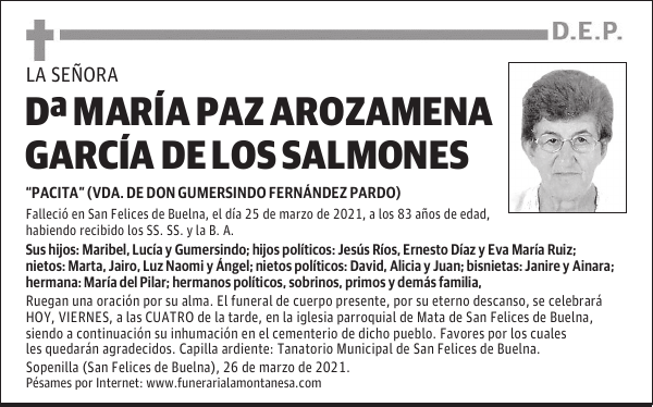 DOÑA MARÍA PAZ AROZAMENA GARCÍA DE LOS SALMONES