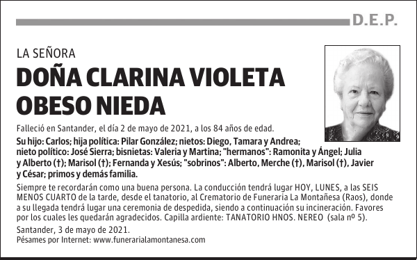 DOÑA CLARINA VIOLETA OBESO NIEDA