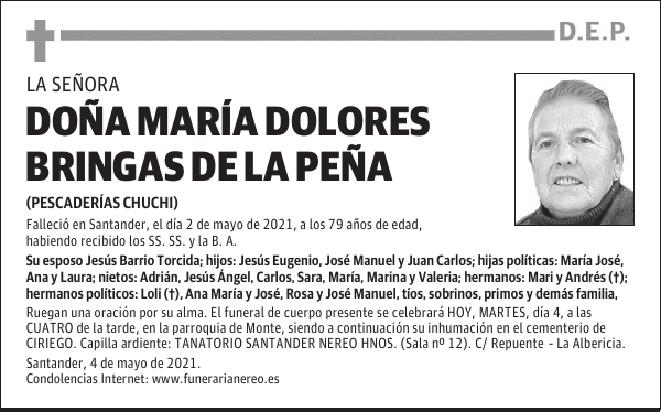 DOÑA MARÍA DOLORES BRINGAS DE LA PEÑA
