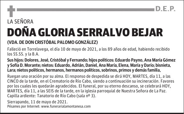 DOÑA GLORIA SERRALVO BEJAR