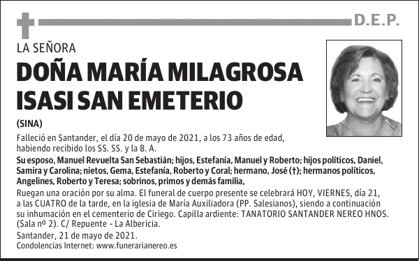 DOÑA MARÍA MILAGROSA ISASI SAN EMETERIO