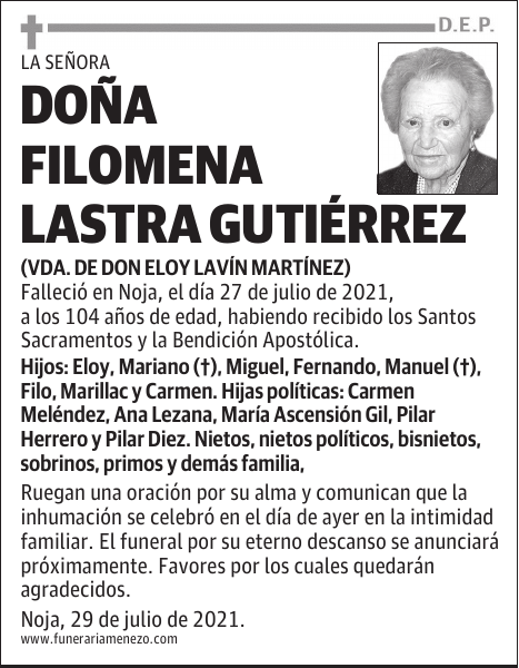 DOÑA FILOMENA LASTRA GUTIÉRREZ