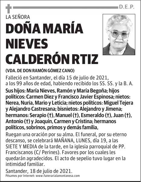DOÑA MARÍA NIEVES CALDERÓN ORTIZ