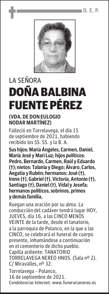 DOÑA BALBINA FUENTE PÉREZ