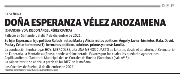 DOÑA ESPERANZA VÉLEZ AROZAMENA