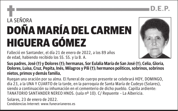 DOÑA MARÍA DEL CARMEN HIGUERA GÓMEZ