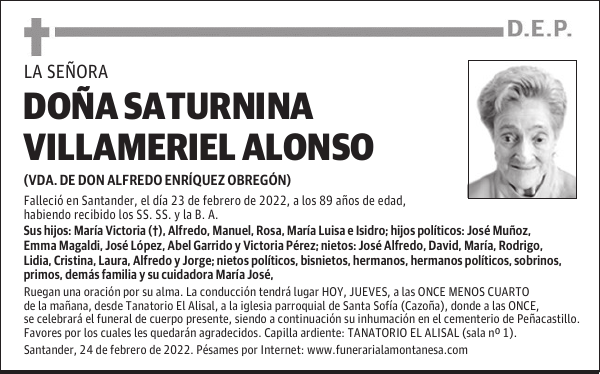 DOÑA SATURNINA VILLAMERIEL ALONSO