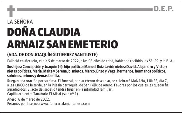 DOÑA CLAUDIA ARNAIZ SAN EMETERIO